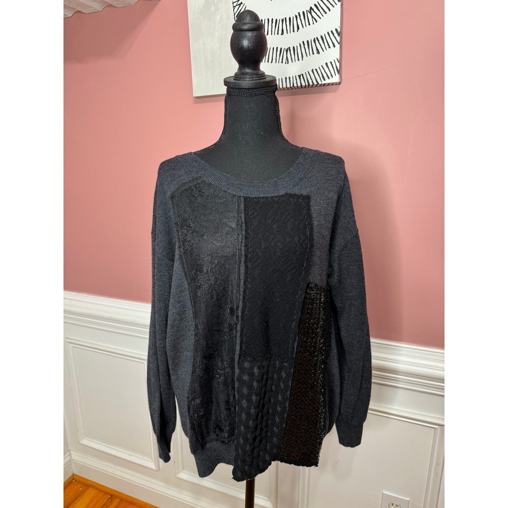 Fuzzi Virgin Wool Mixed Media Sweater in Gray Small Long Sleeve Sequins Knit